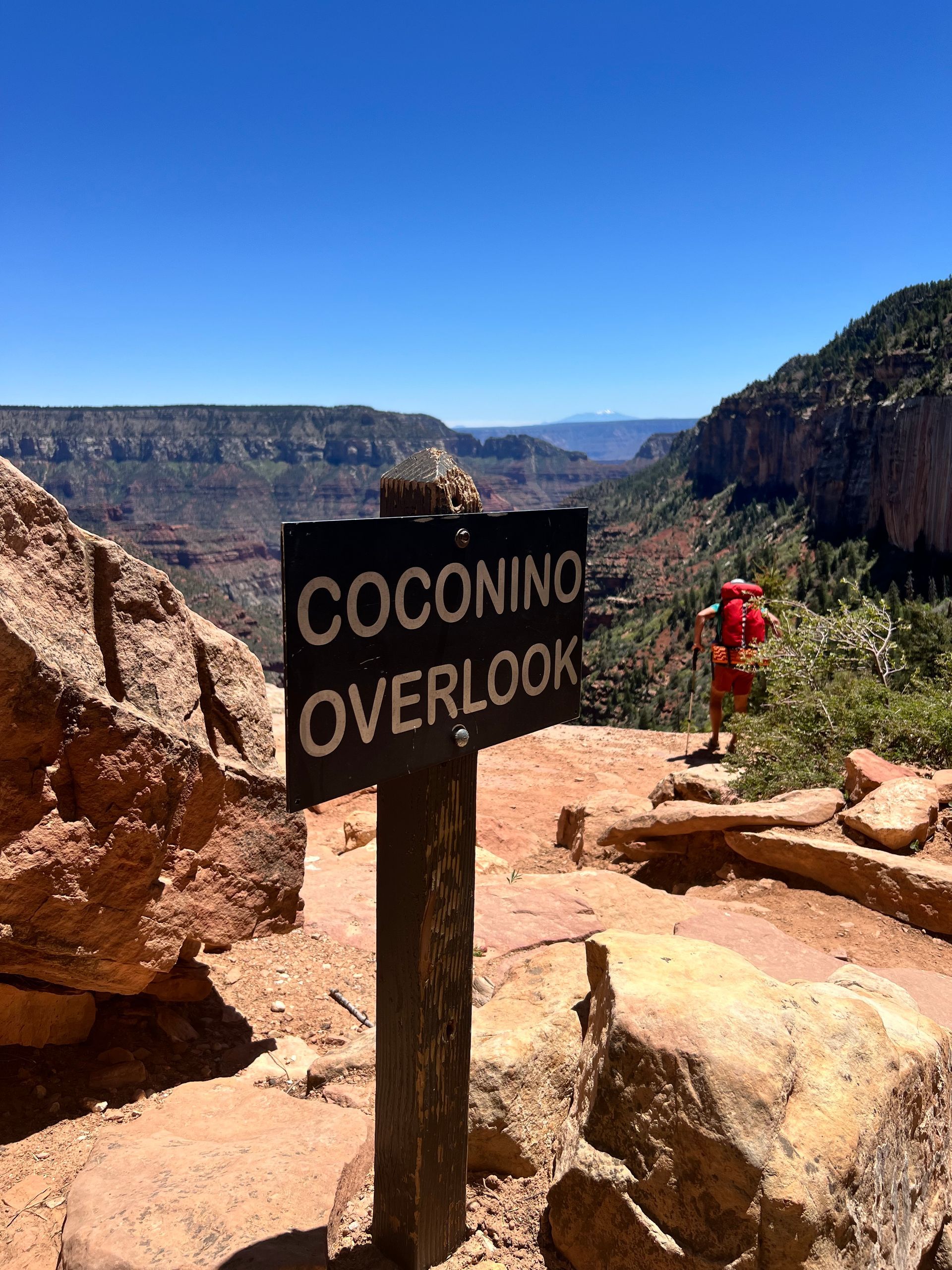 Coconino Overlook sign with a hiker, cliffs, and blue sky.