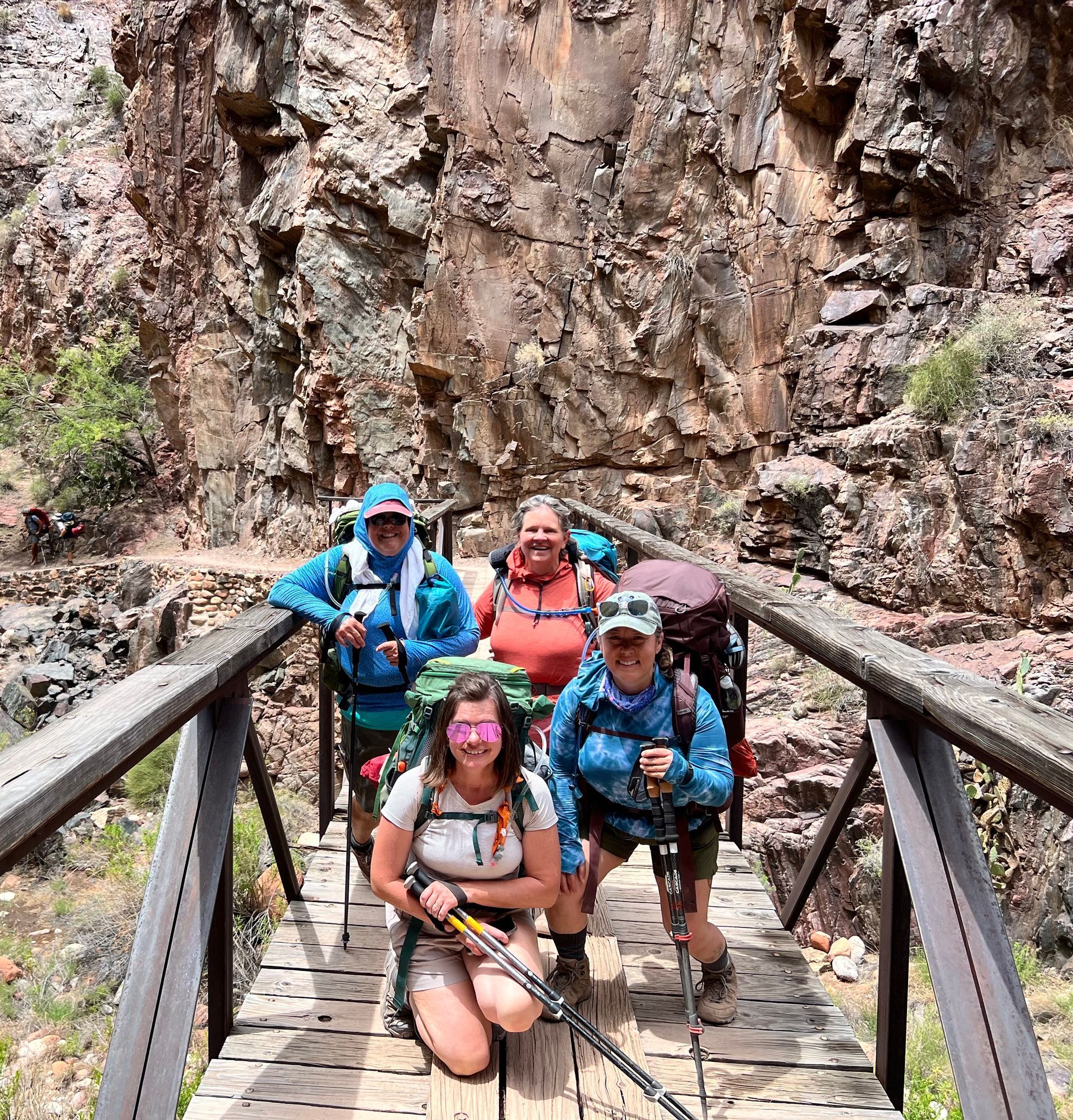 Four hikers on a wooden bridge in a canyon, smiling at the camera. They wear backpacks and use hiking poles.