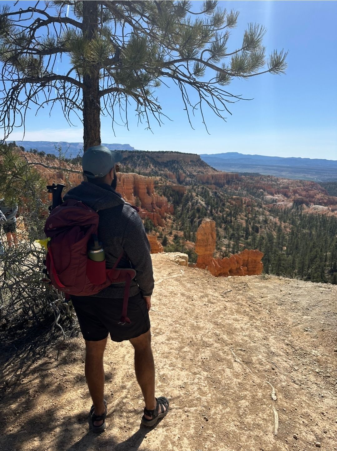Man with backpack overlooks Bryce Canyon's hoodoos under a sunny blue sky.