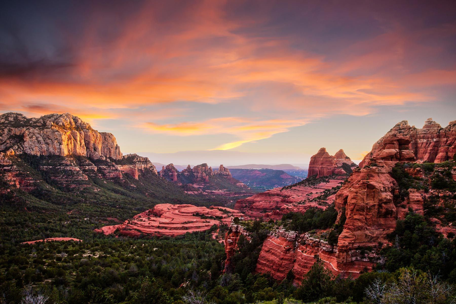 A sunset over a canyon with red rocks and trees