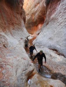 A group of people are walking through a canyon.