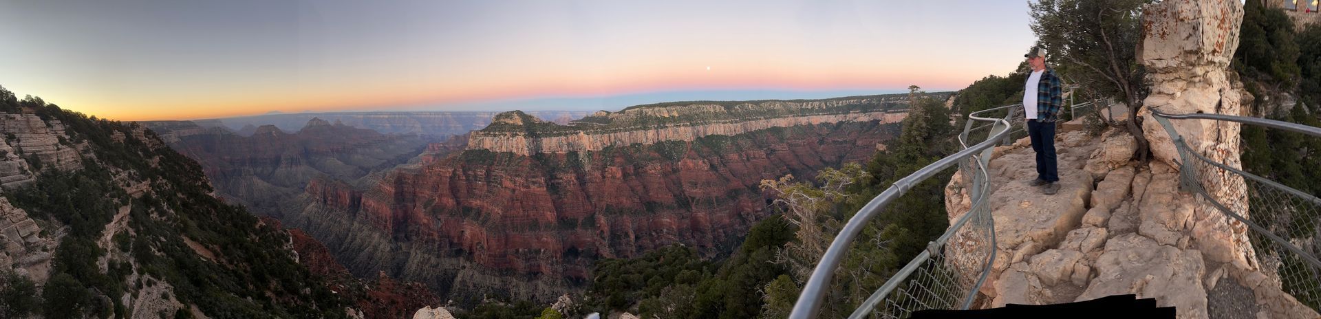 A person is standing on a bridge over a canyon.