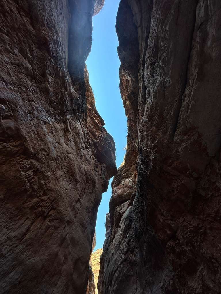 Narrow canyon with brown rock walls reaching toward a strip of blue sky.