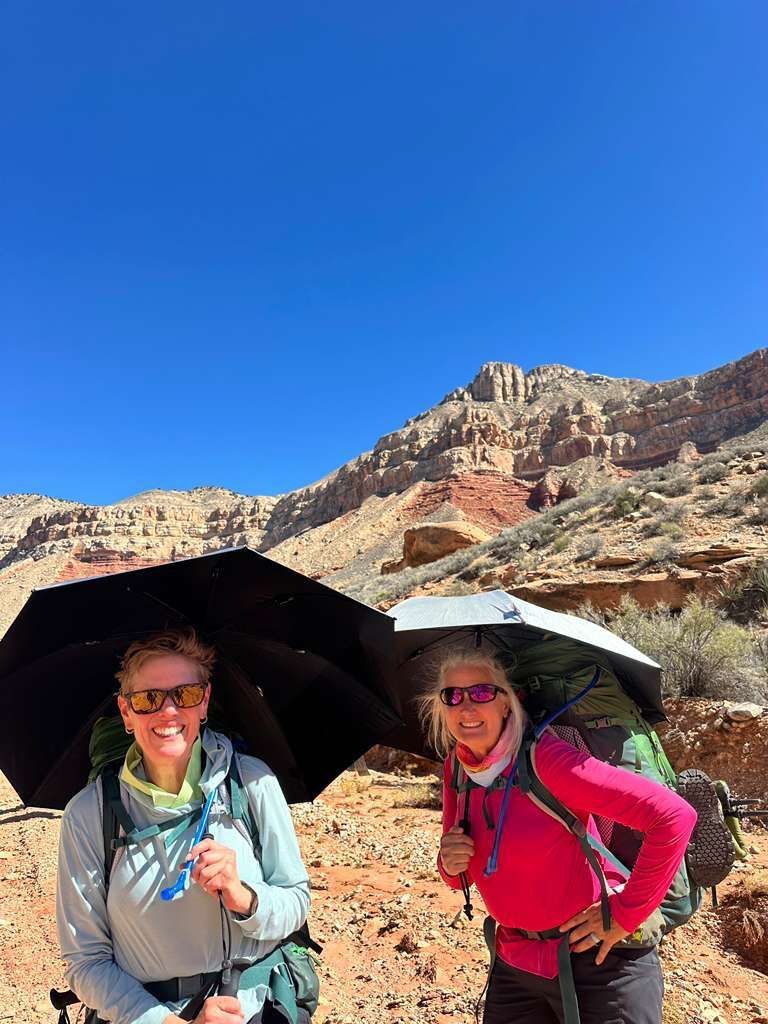 Two hikers using umbrellas for shade on a sunny trail in a canyon.