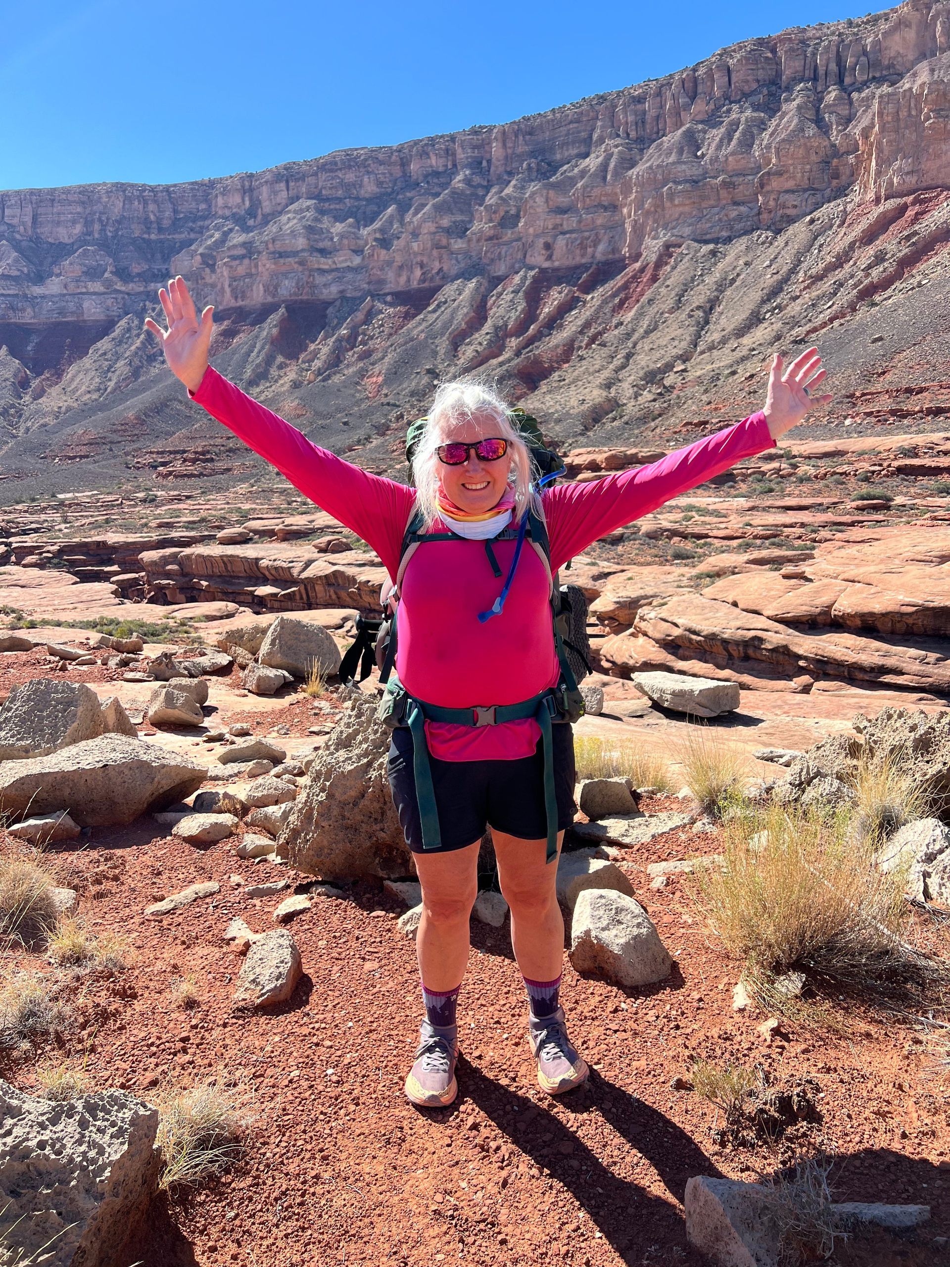Woman with arms raised in a canyon, wearing pink shirt, black shorts, and a backpack. Rocky, red landscape.