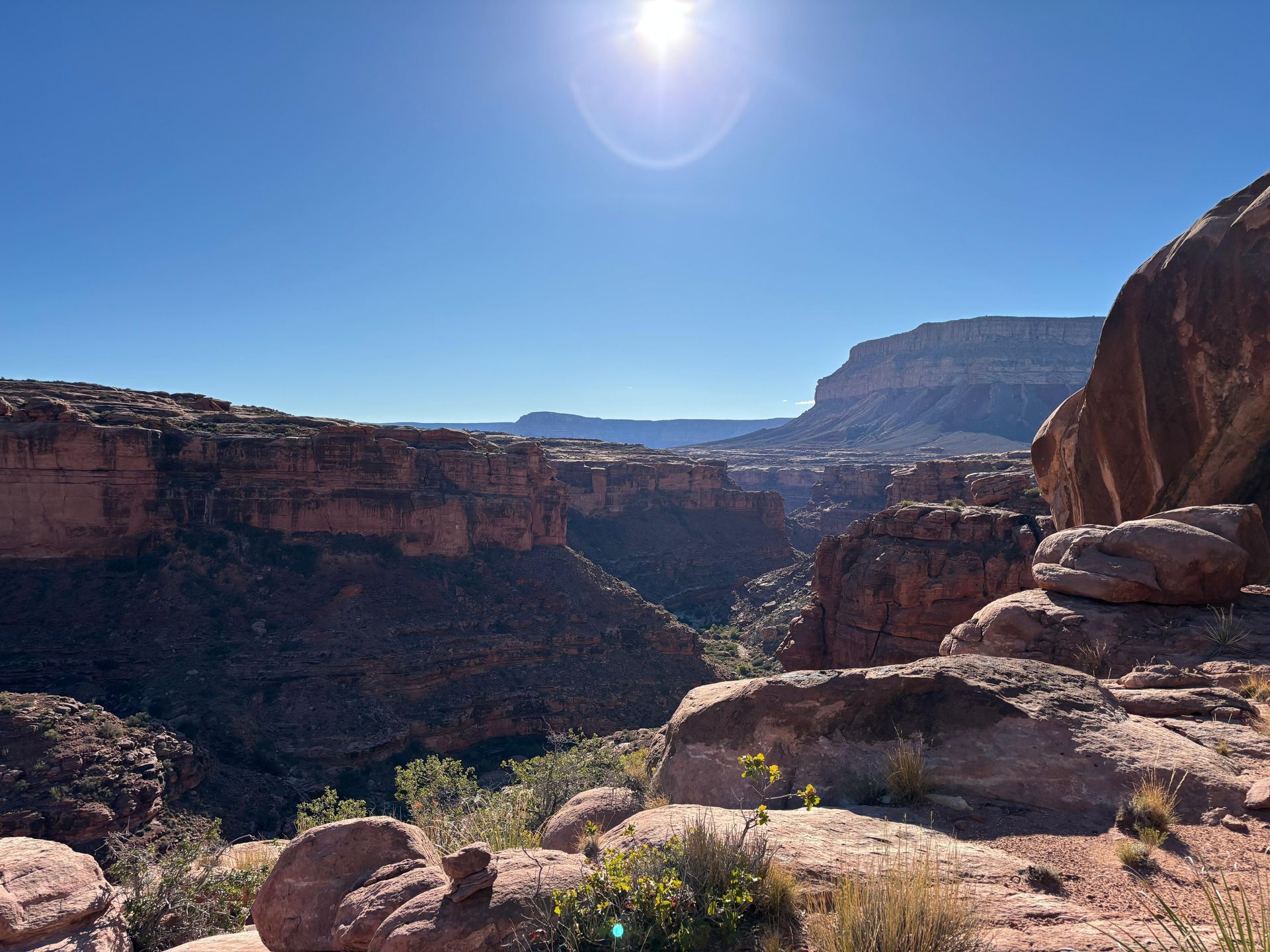 Sunny canyon landscape with red rock formations and a clear blue sky.