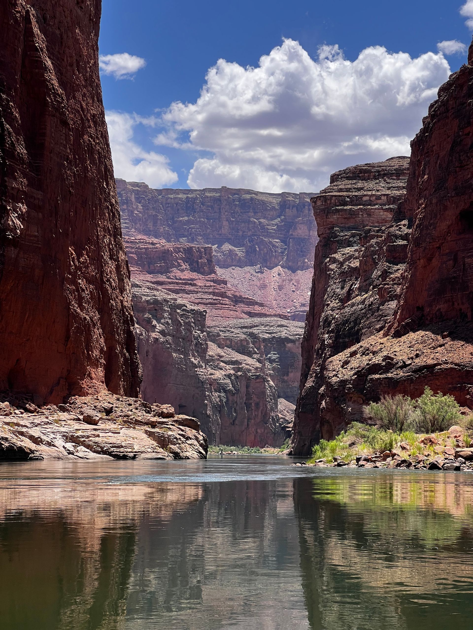 River flows through a canyon of red rock under a blue sky with fluffy white clouds.
