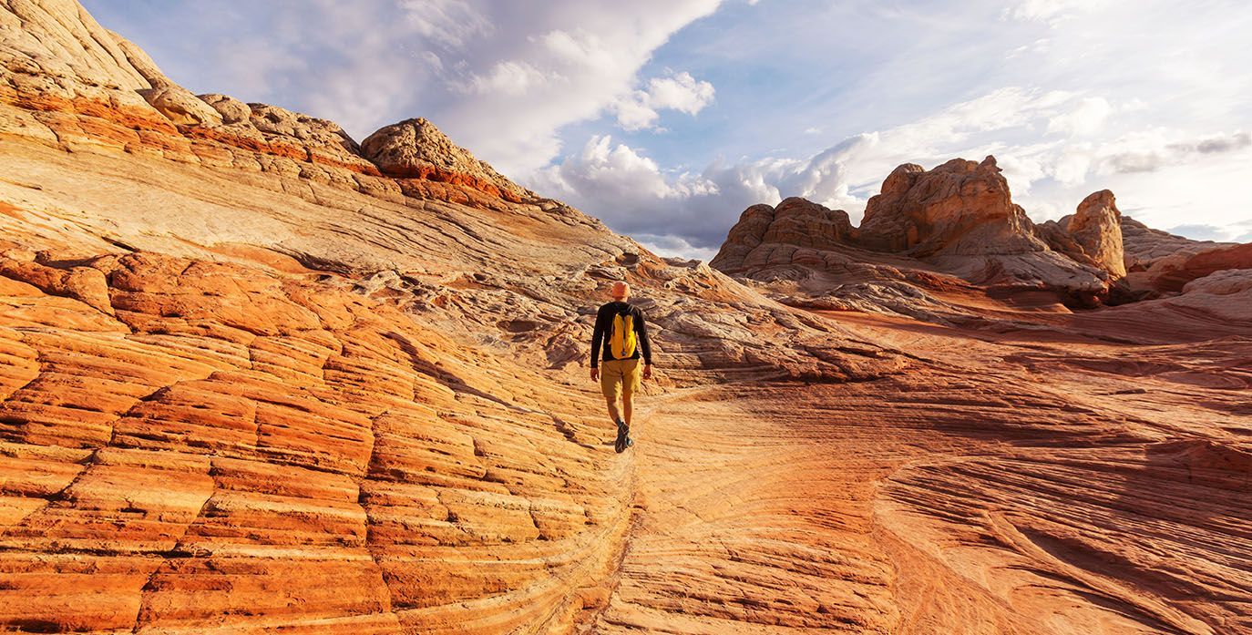 A Man is Walking Down a Dirt Path in the Desert