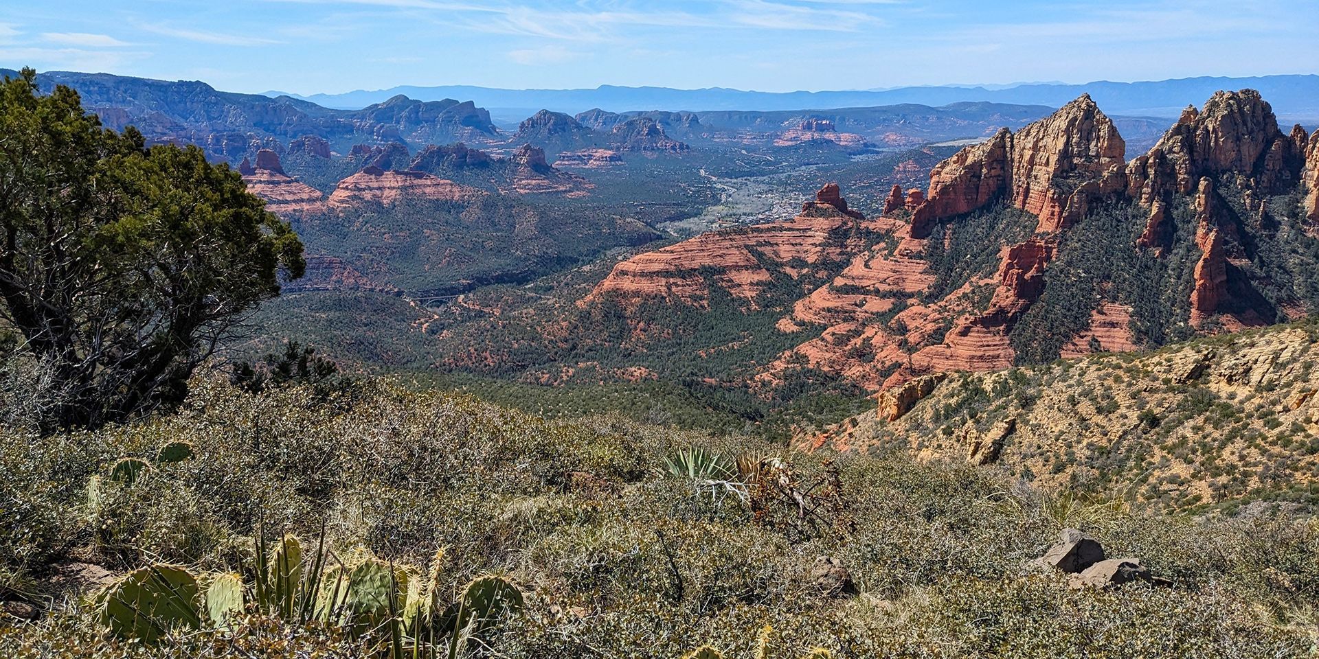 A view of a desert landscape with mountains in the background.