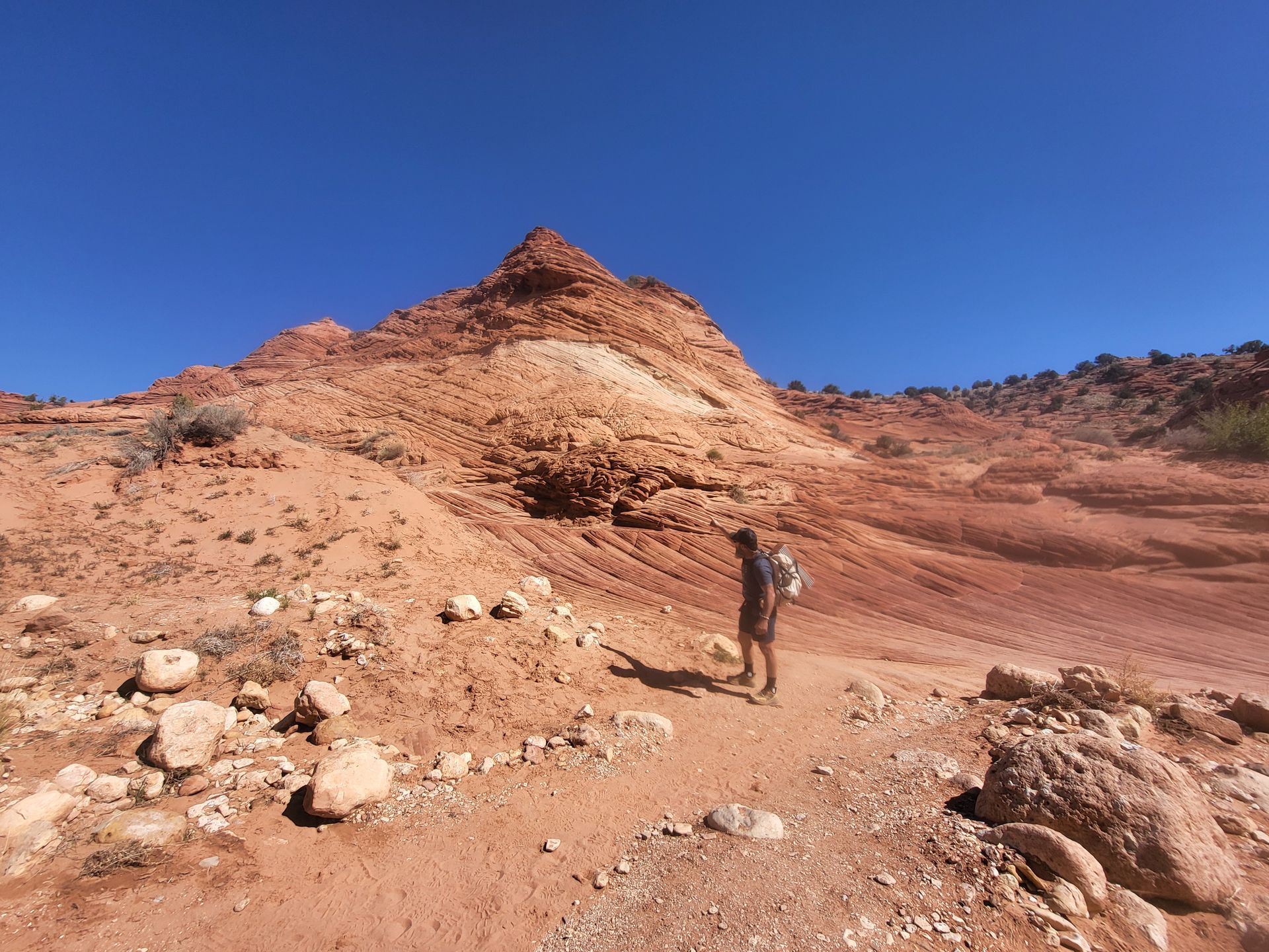 Person hiking on a red dirt trail towards a layered, reddish-brown mountain under a bright blue sky.