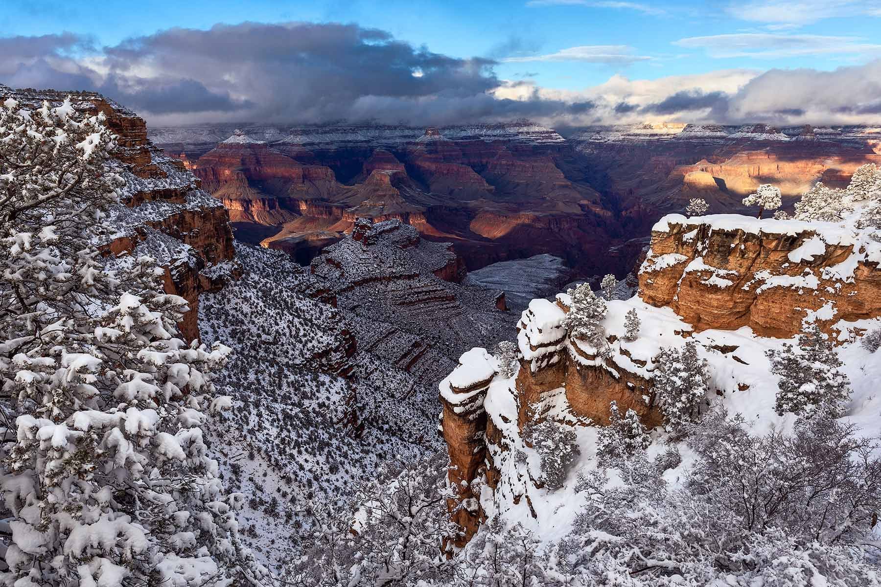 A snowy canyon landscape with trees and rocks covered in snow.