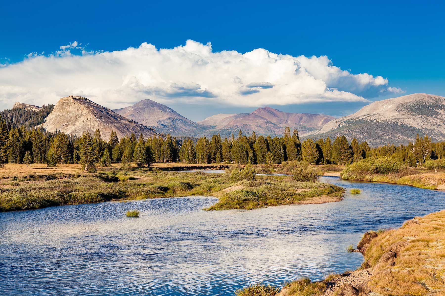 Snowy mountains above a blue river and golden grassland under a clear sky