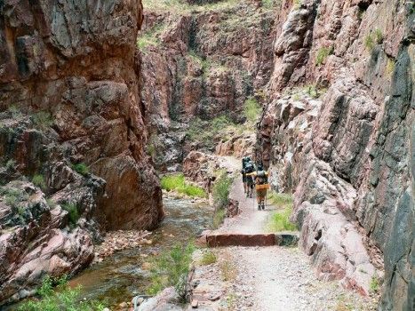 A group of people are riding horses down a dirt road in a canyon.