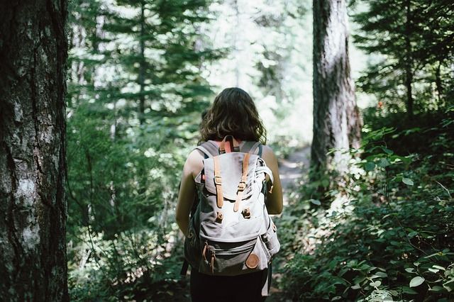 A woman with a backpack is walking through a forest