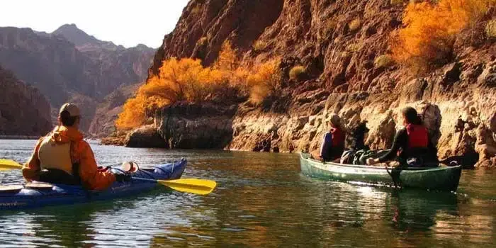 A group of people are kayaking down a river