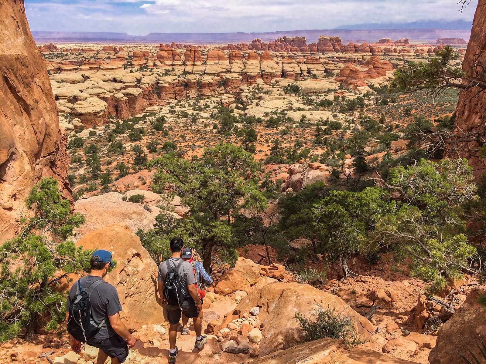 A group of people are hiking through a canyon.