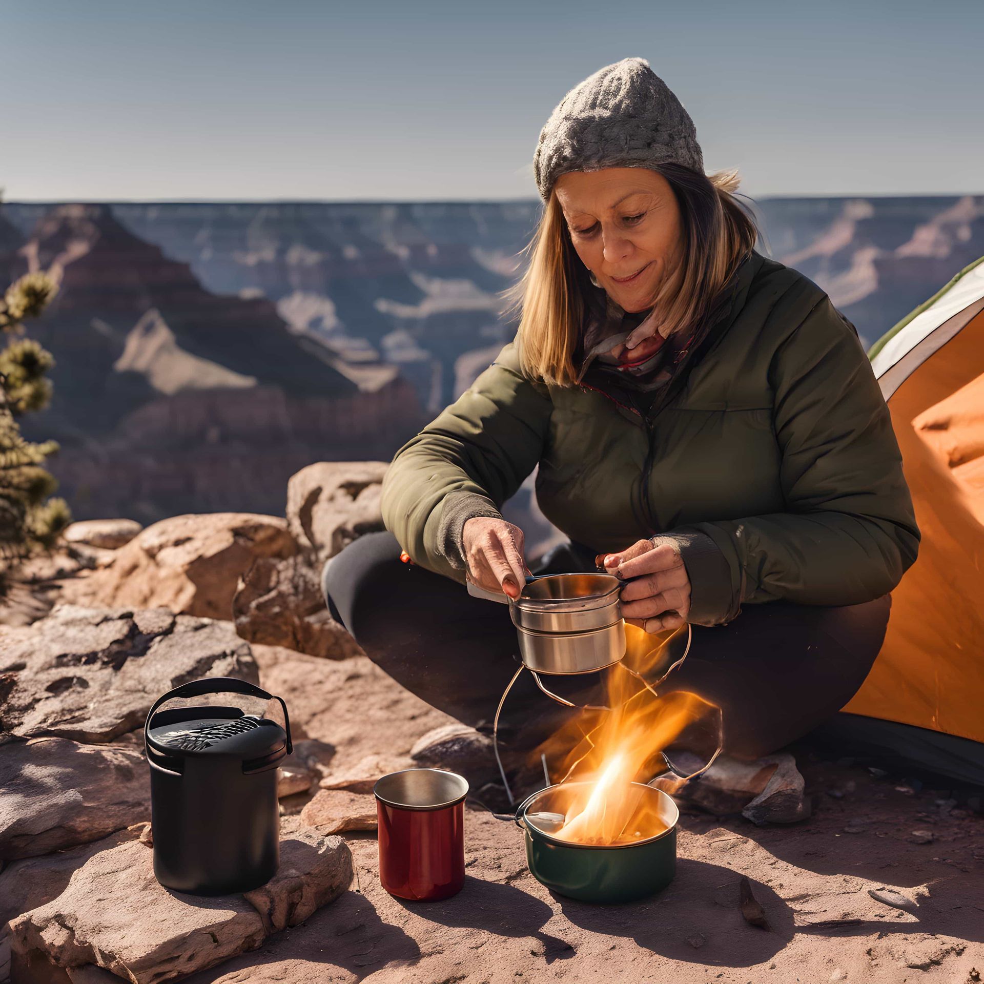 A woman is cooking over a campfire in front of a tent