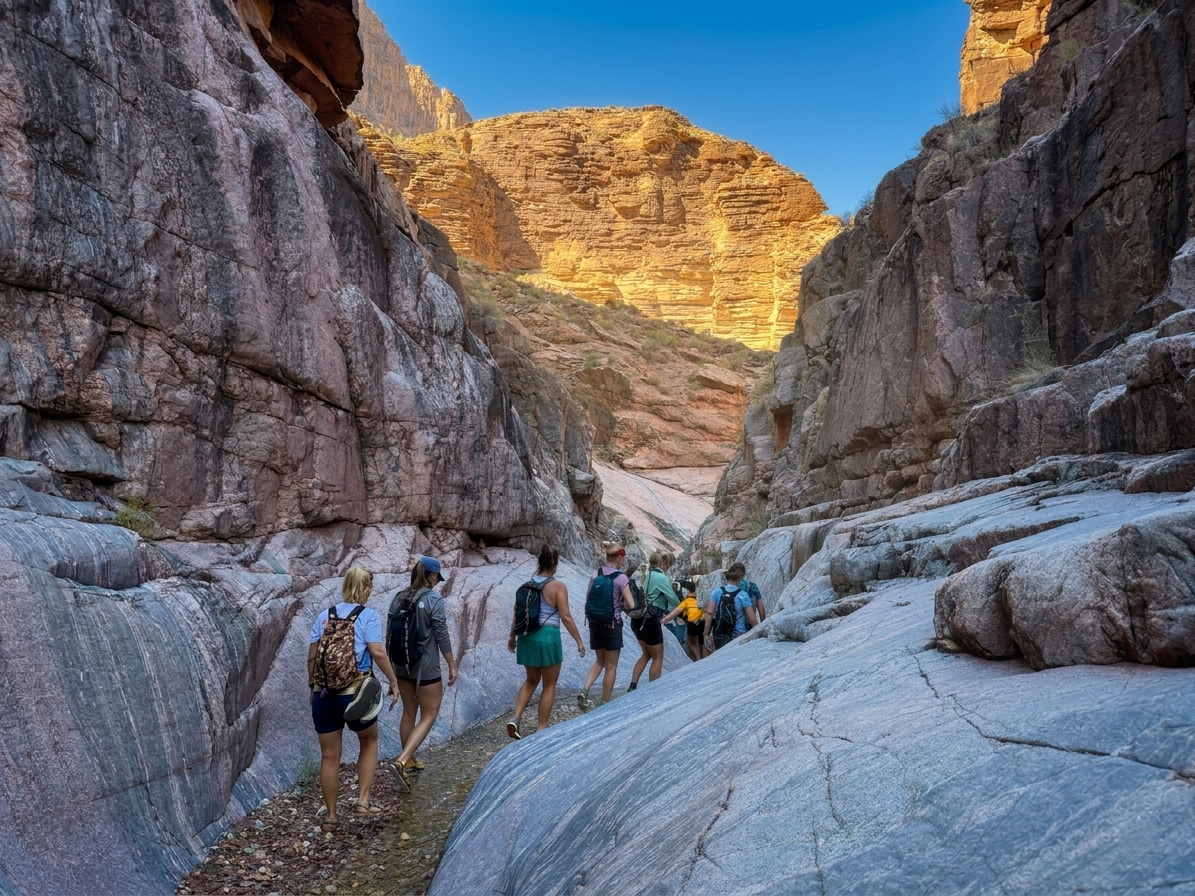 A man and a woman are hiking through a canyon.