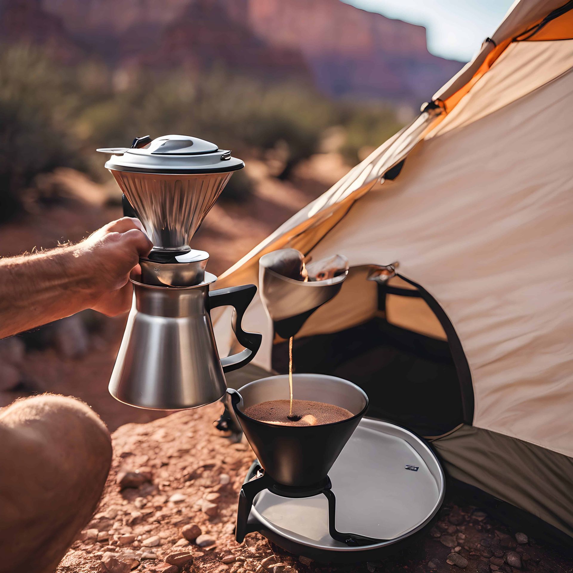 A person is pouring coffee into a cup in front of a tent