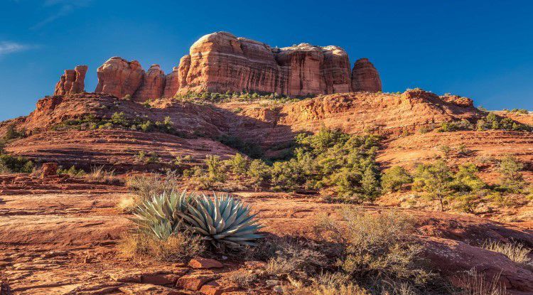 A large rock formation in the middle of a desert.