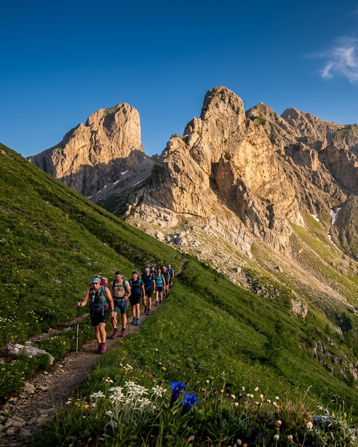 Five people stand on a large rock, arms raised, near a lake under a blue sky.