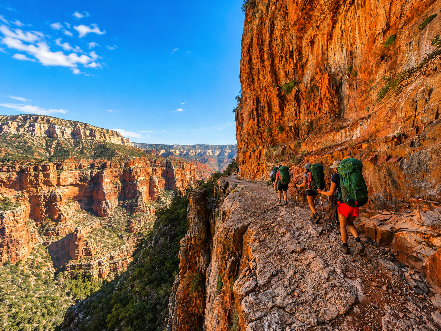 Hiker with green backpack walking a narrow cliffside trail in a red rock canyon under a blue sky