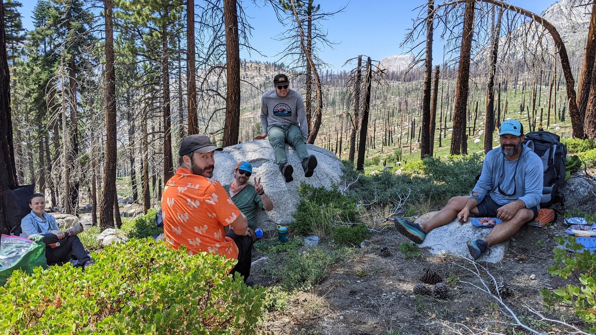 A group of people are sitting on a rock in the woods.