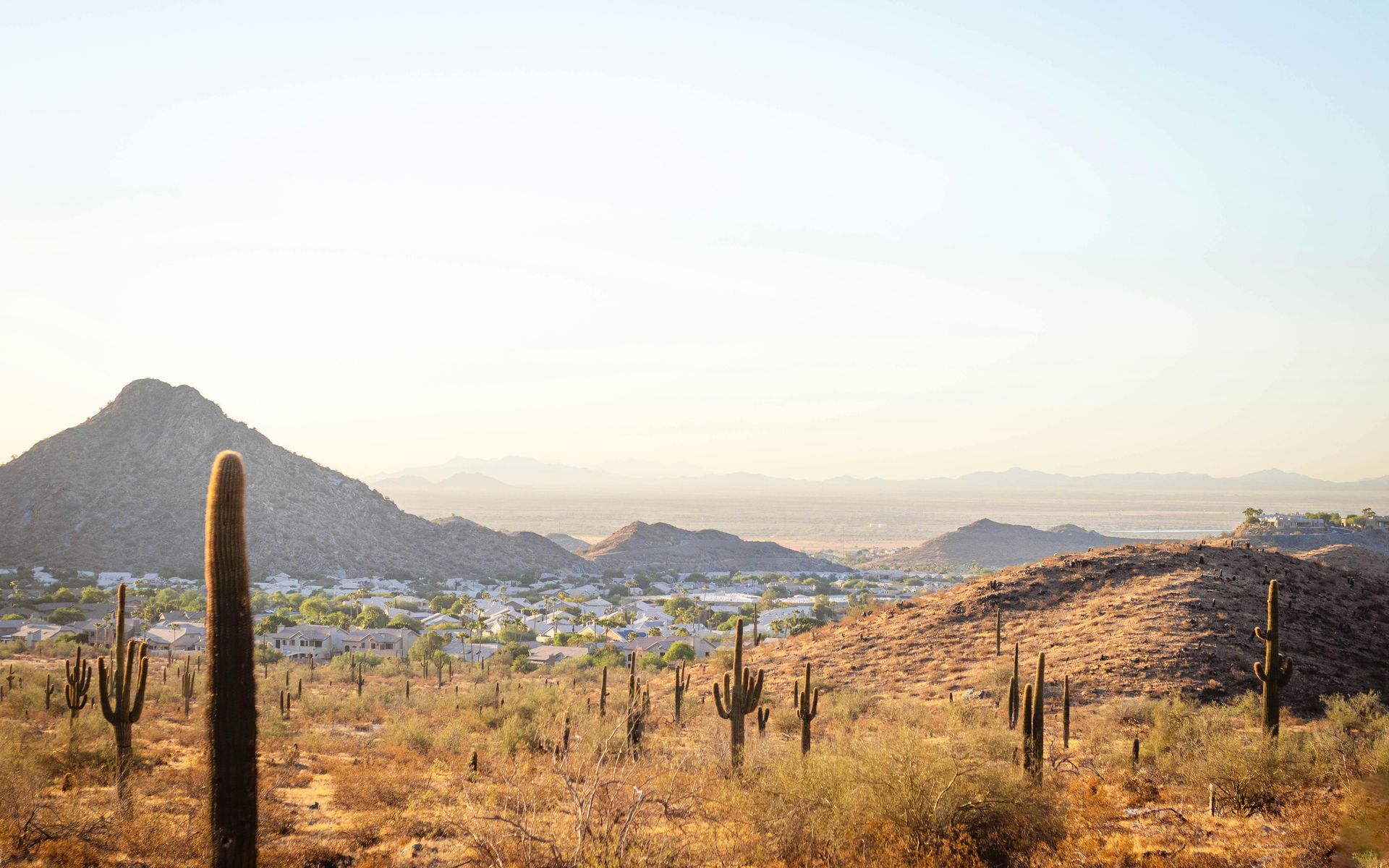 Woman in green cap sits on a rocky ledge overlooking a desert valley and mountains.