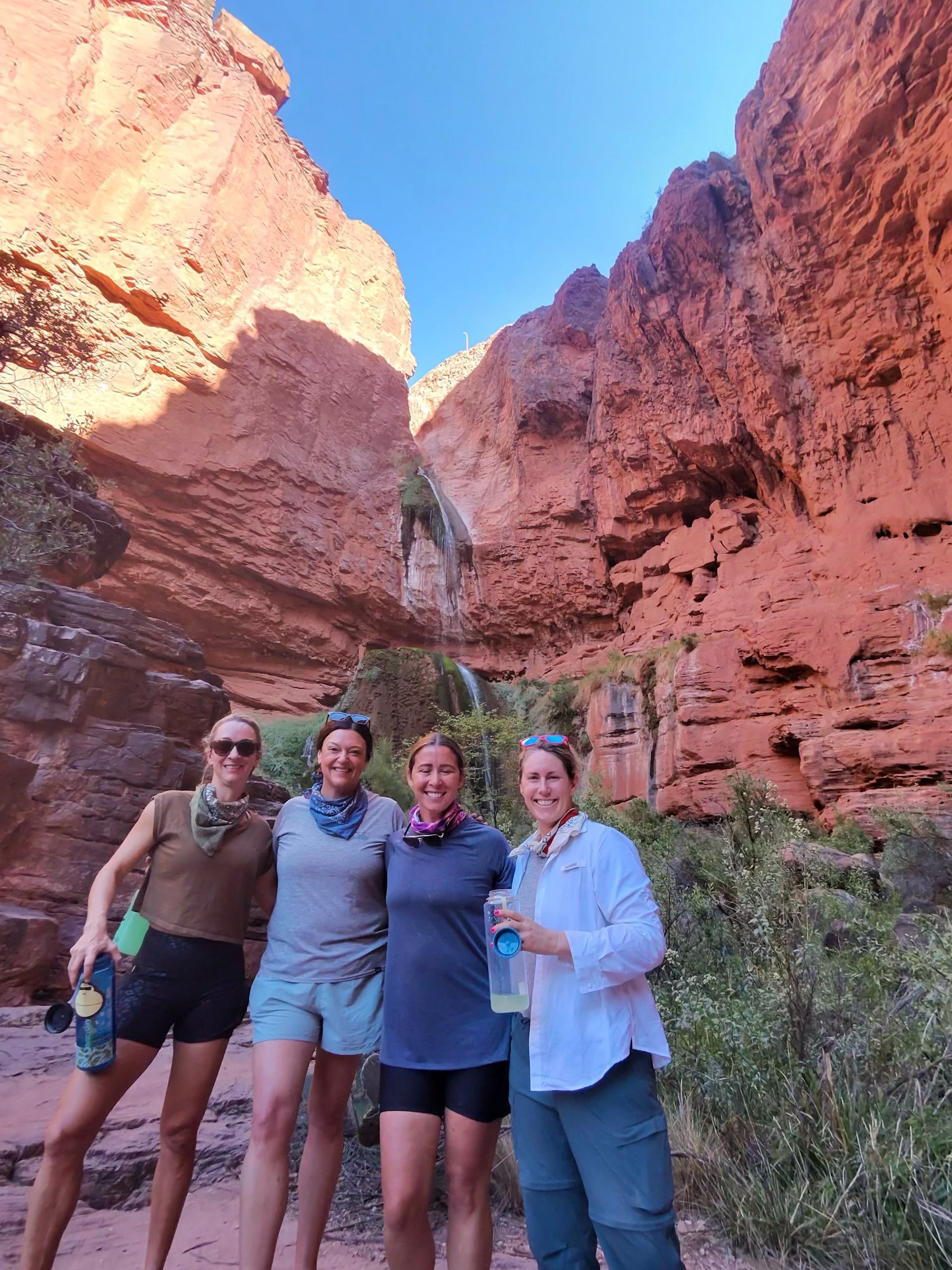 A group of women are posing for a picture in front of a waterfall.