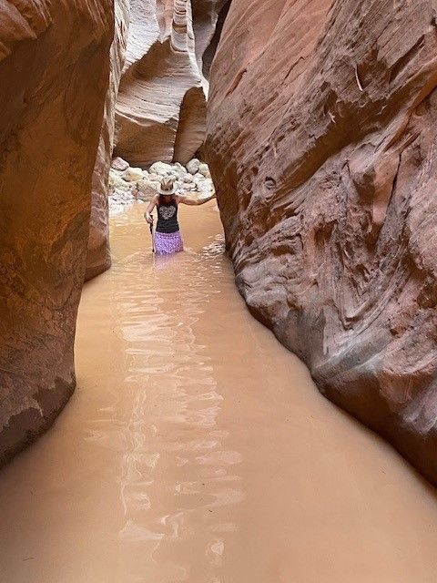 A person is walking through a canyon filled with water.
