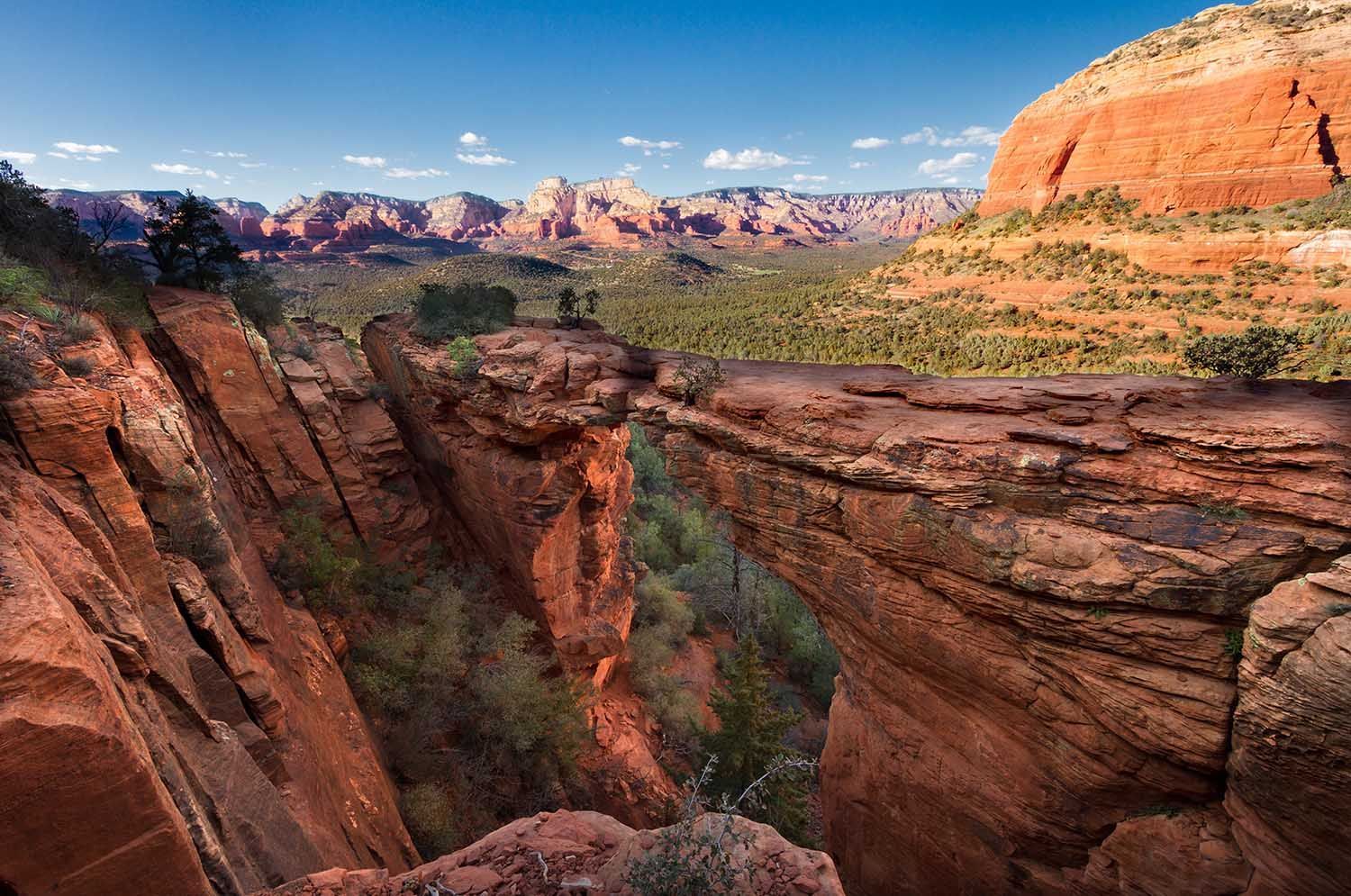 A view of a canyon with mountains in the background.