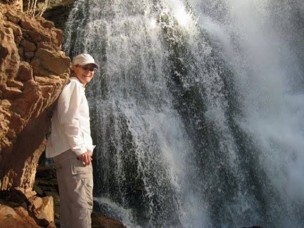 A man is standing in front of a waterfall.