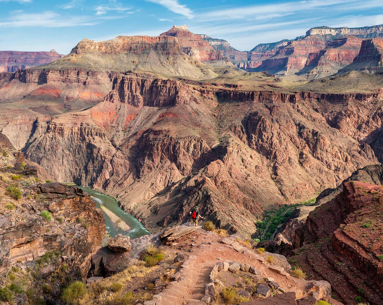 A person is standing on top of a trail in the grand canyon.