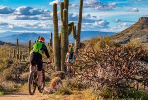 A person is riding a bike on a dirt path in the desert.