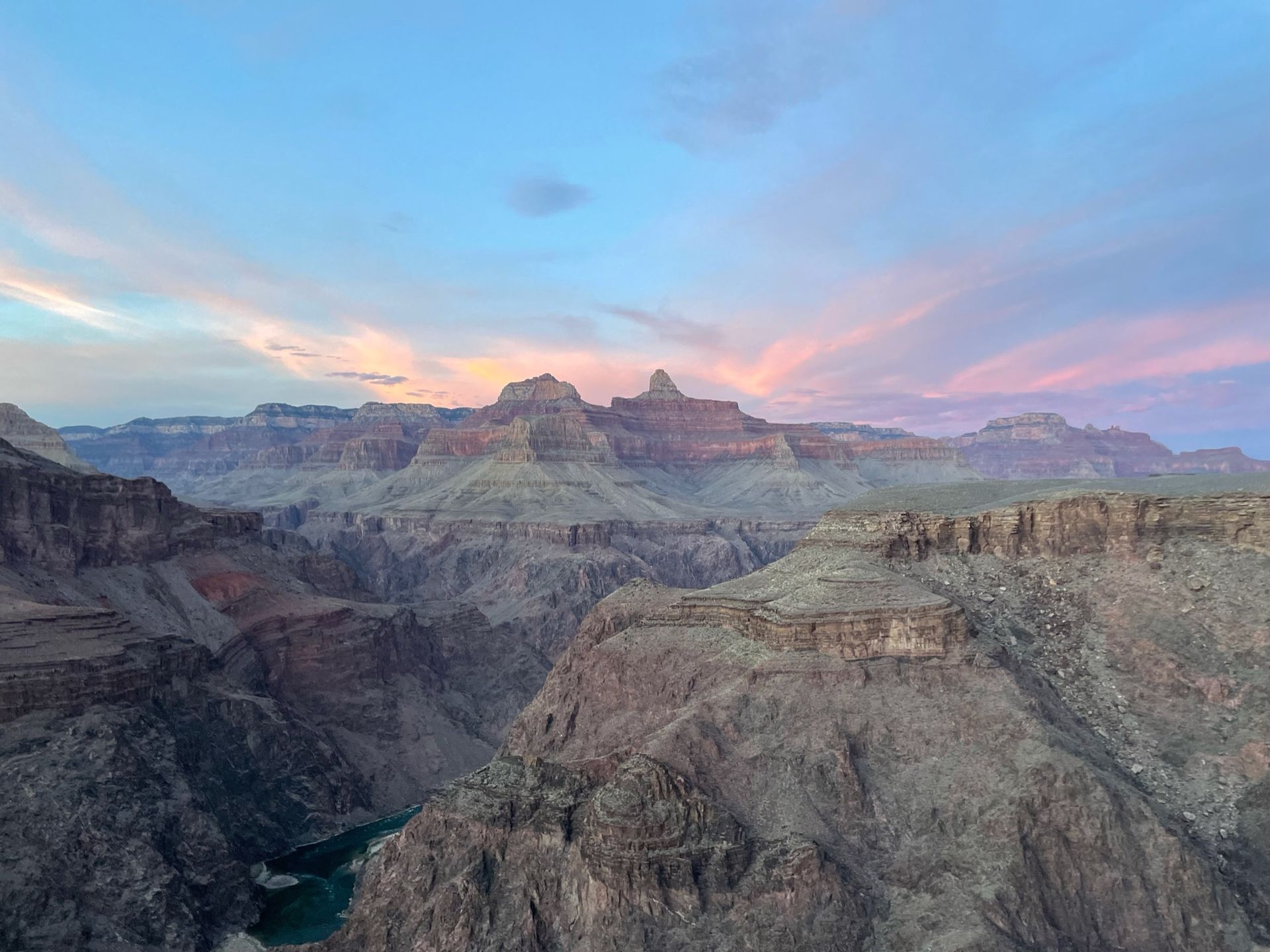 An aerial view of the grand canyon at sunset.