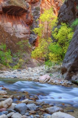 A river flowing through a canyon surrounded by rocks and trees.