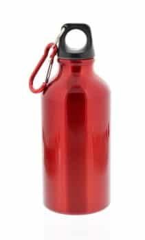 A red aluminum water bottle with a carabiner attached to it.