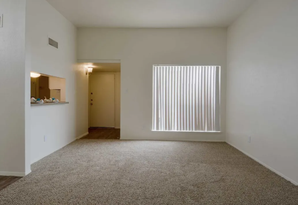 Empty apartment living room with carpet, a window with vertical blinds, and a kitchen pass-through at Brookview, offering apartments for rent near Music City Mall in Odessa, TX.