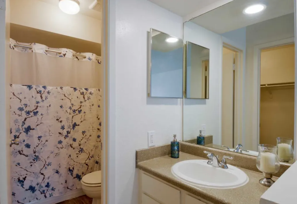 Bathroom with beige countertop, sink, two medicine-cabinet mirrors, and a floral shower curtain at Brookview, offering apartments for rent near UTPB in Odessa, TX.