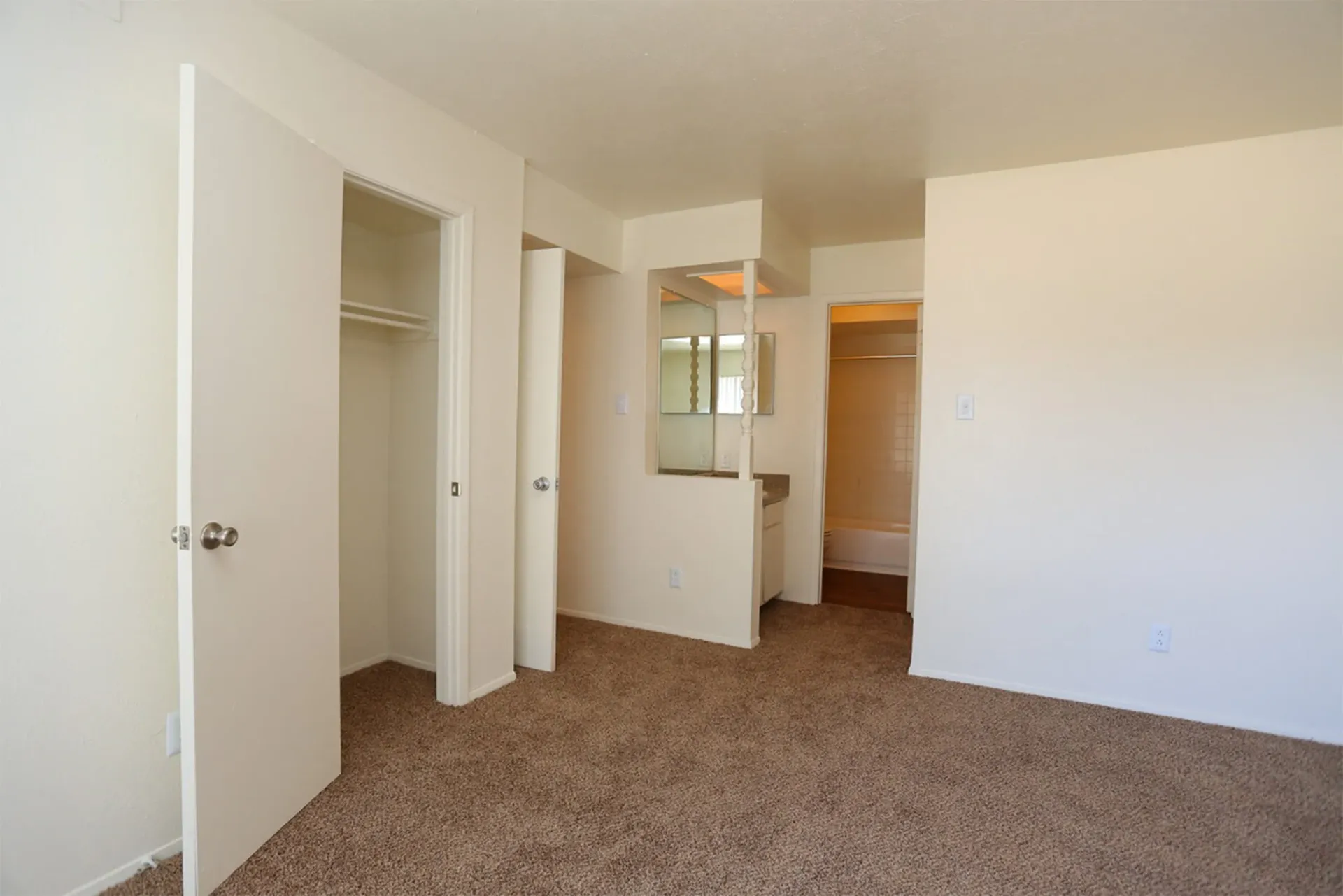 Empty apartment bedroom with closet, carpet, and partial view of the bath and kitchenette area at Brookview, offering apartments for rent near Music City Mall in Odessa, TX.
