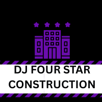 DJ Four Star Construction logo: Purple building icon with four stars, black and purple striped border.