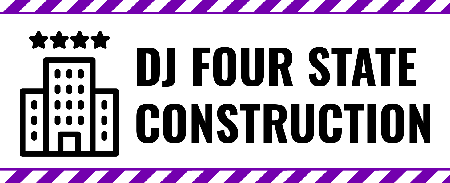 DJ Four Star Construction logo: Purple building icon with four stars, black and purple striped border.