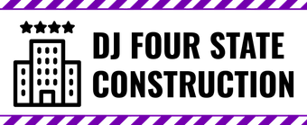 DJ Four Star Construction logo: Purple building icon with four stars, black and purple striped border.
