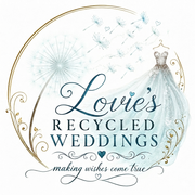 Logo for &ldquo;Lovie&rsquo;s Recycled Weddings&rdquo; with teal and black script and a bride illustration on white background