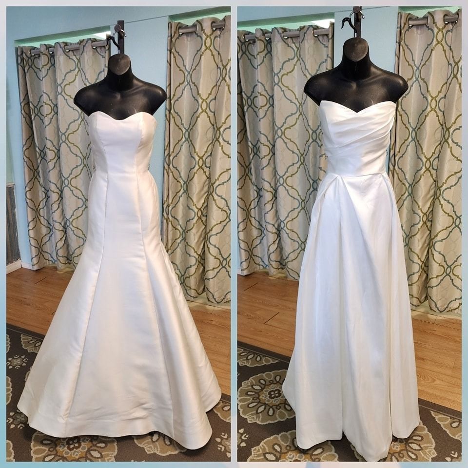 Two views of a strapless white wedding dress on a mannequin in a room with curtains and wood floor