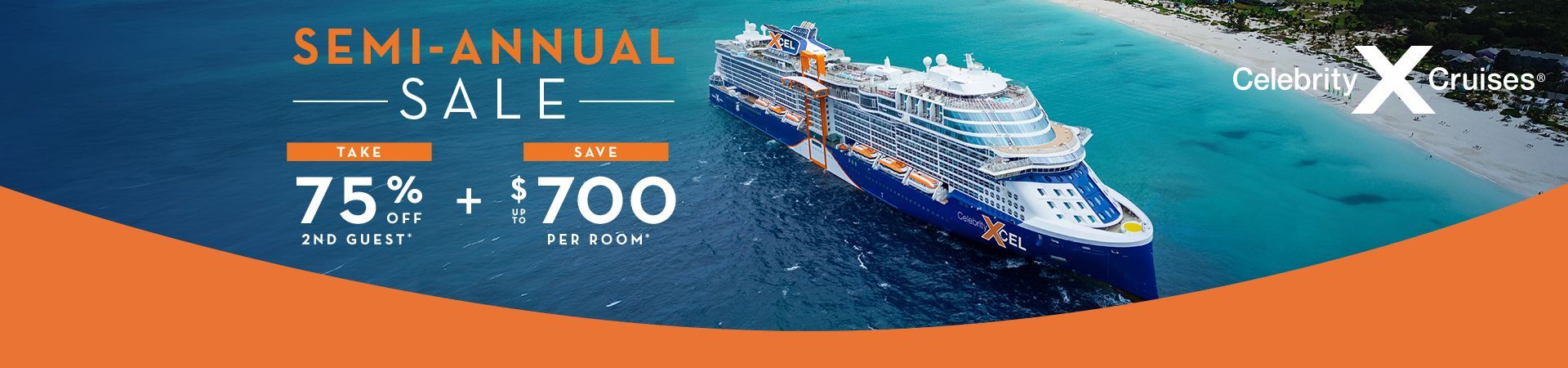 People celebrating on a cruise ship with summer sale details: 75% off, $500 on cash, and $450 onboard spending money.