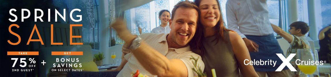 People celebrating on a cruise ship with summer sale details: 75% off, $500 on cash, and $450 onboard spending money.