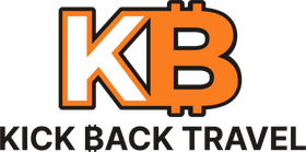 Logo of Kick Back Travel, orange letters KB, Bitcoin symbol B, with text "Kick Back Travel" below.
