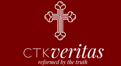 Red banner with a white, ornate cross and text: 