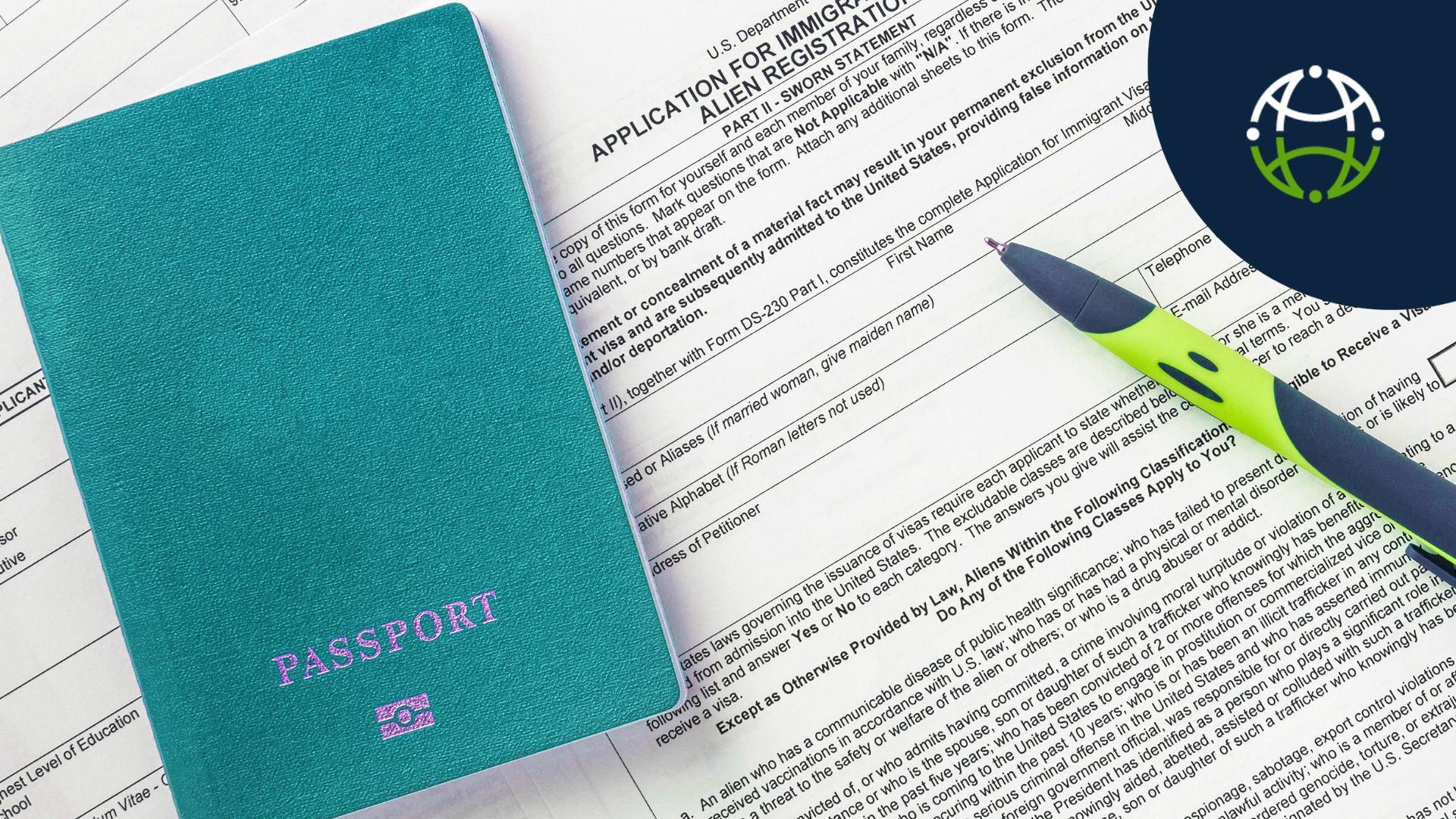 passport and pen on visa paperwork with WWHS logo